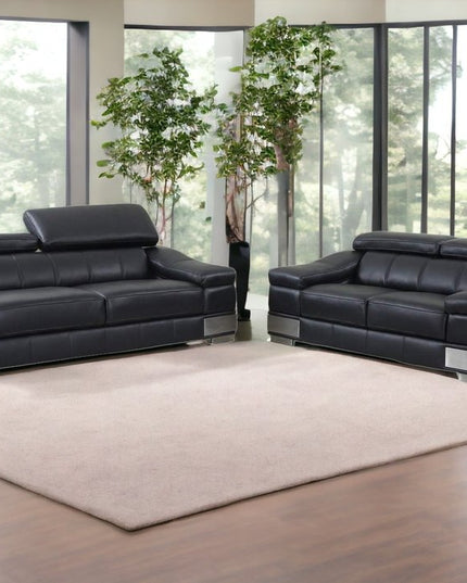 Two Piece Indoor Black Italian Leather Five Person Seating Set