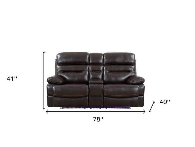 78" Brown Faux Leather Power Reclining Love Seat With Storage