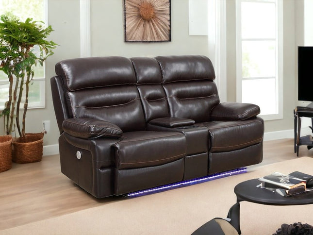 78" Brown Faux Leather Power Reclining Love Seat With Storage