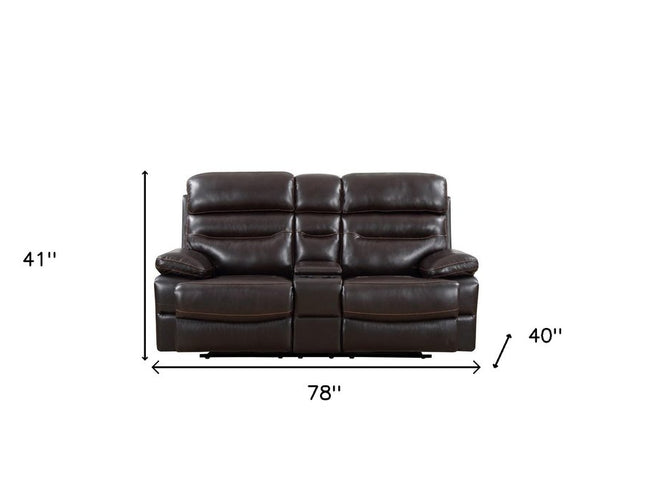 78" Brown Faux Leather Power Reclining Love Seat With Storage