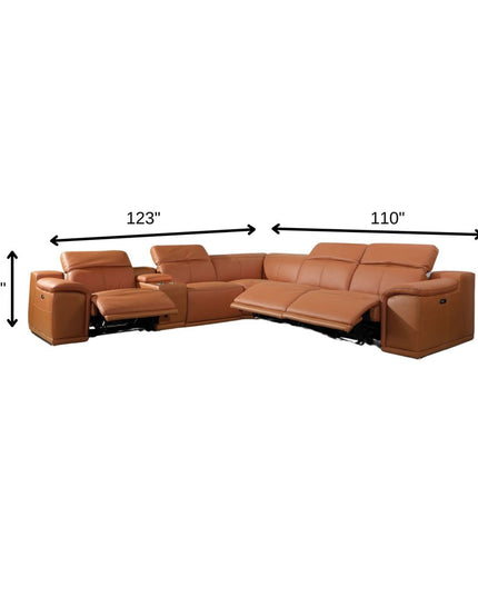 Camel Italian Leather Power Reclining U Shaped Six Piece Corner Sectional With Console