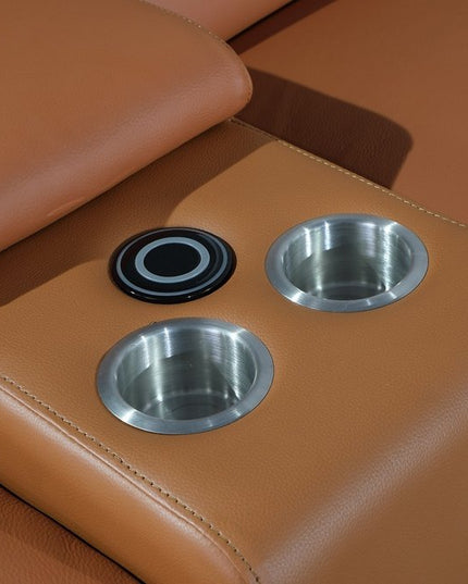 Camel Italian Leather Power Reclining U Shaped Six Piece Corner Sectional With Console