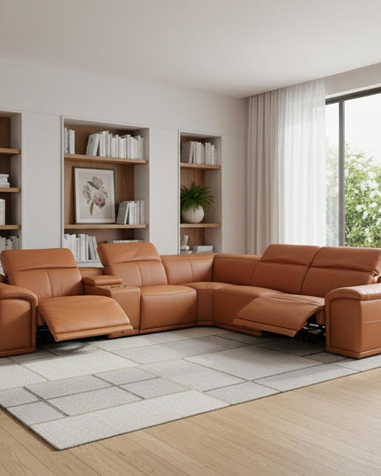 Camel Italian Leather Power Reclining U Shaped Six Piece Corner Sectional With Console