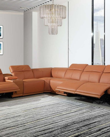 Camel Italian Leather Power Reclining U Shaped Seven Piece Corner Sectional With Console