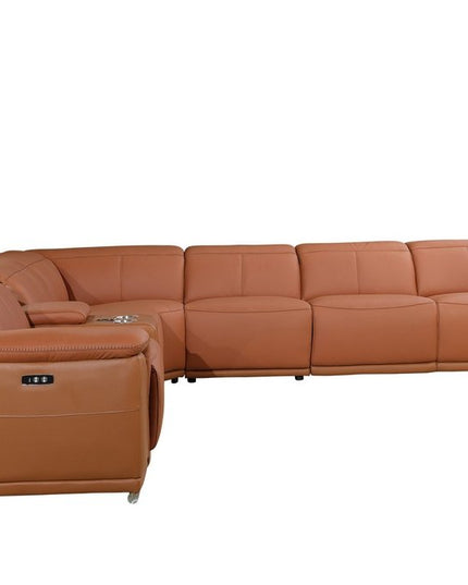 Camel Italian Leather Power Reclining U Shaped Seven Piece Corner Sectional With Console