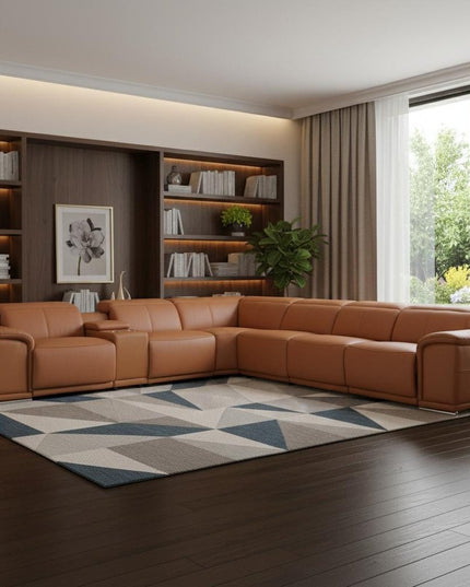 Camel Italian Leather Power Reclining U Shaped Seven Piece Corner Sectional With Console