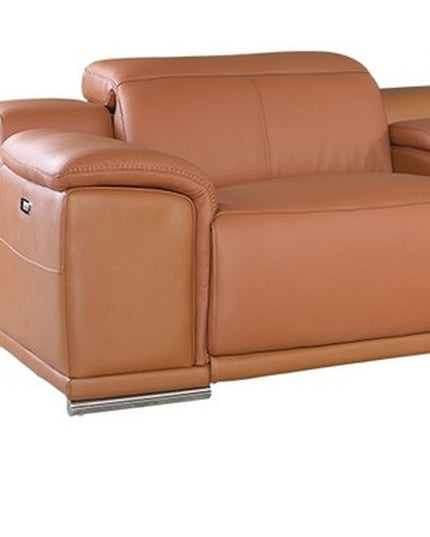 Camel Italian Leather Power Reclining U Shaped Seven Piece Corner Sectional With Console