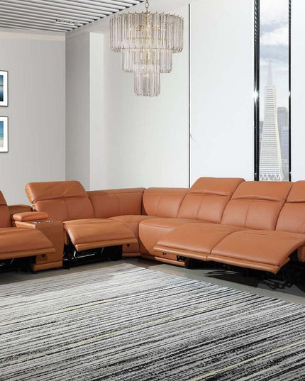 Camel Italian Leather Power Reclining U Shaped Seven Piece Corner Sectional With Console