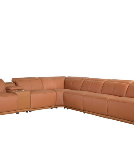 Camel Italian Leather Power Reclining U Shaped Seven Piece Corner Sectional With Console