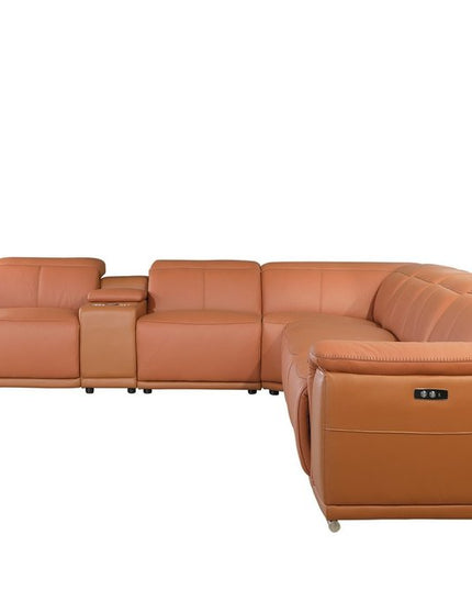 Camel Italian Leather Power Reclining U Shaped Seven Piece Corner Sectional With Console