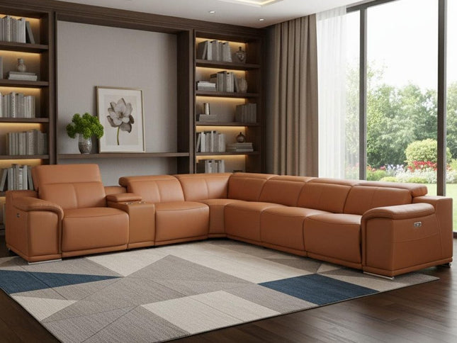 Camel Italian Leather Power Reclining U Shaped Seven Piece Corner Sectional With Console