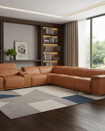 Camel Italian Leather Power Reclining U Shaped Seven Piece Corner Sectional With Console