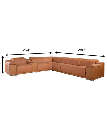 Camel Italian Leather Power Reclining U Shaped Seven Piece Corner Sectional With Console