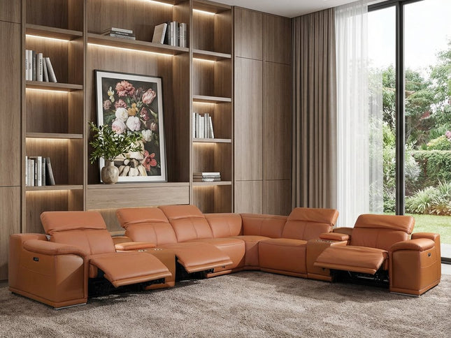 Camel Italian Leather Power Reclining U Shaped Eight Piece Corner Sectional With Console
