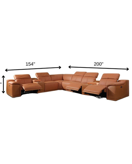 Camel Italian Leather Power Reclining U Shaped Eight Piece Corner Sectional With Console