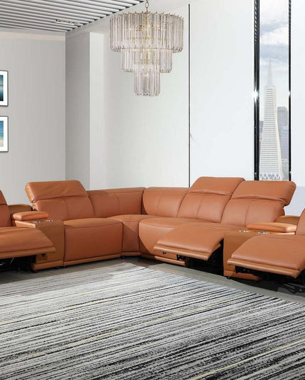 Camel Italian Leather Power Reclining U Shaped Eight Piece Corner Sectional With Console
