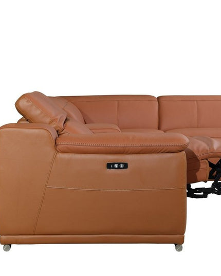 Camel Italian Leather Power Reclining U Shaped Eight Piece Corner Sectional With Console
