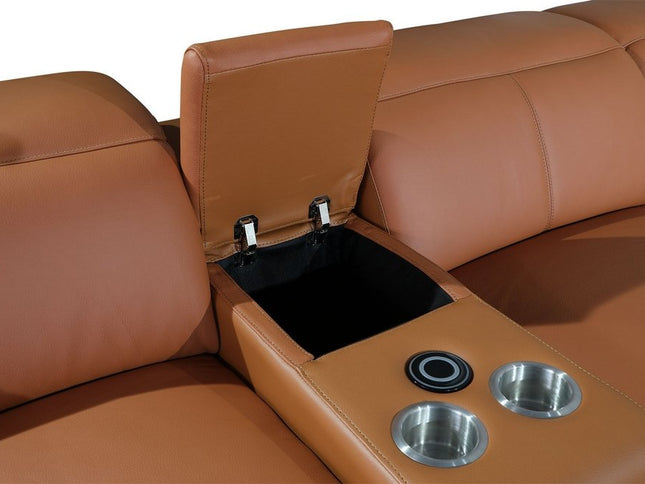 Camel Italian Leather Power Reclining U Shaped Eight Piece Corner Sectional With Console