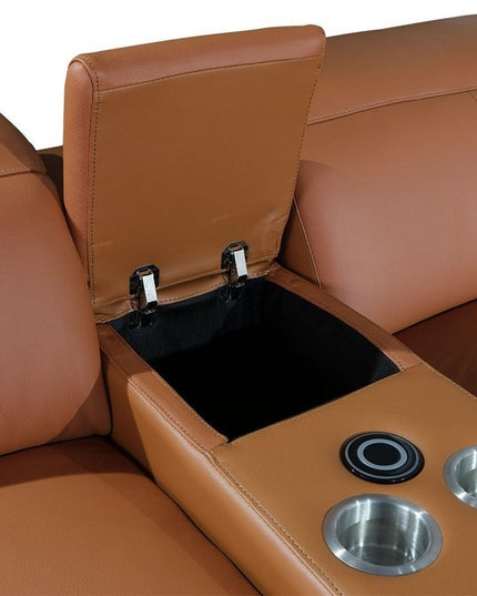 Camel Italian Leather Power Reclining U Shaped Eight Piece Corner Sectional With Console