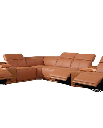 Camel Italian Leather Power Reclining U Shaped Eight Piece Corner Sectional With Console