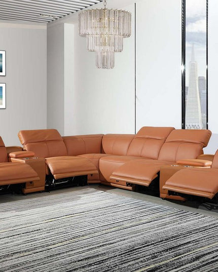 Camel Italian Leather Power Reclining U Shaped Eight Piece Corner Sectional With Console