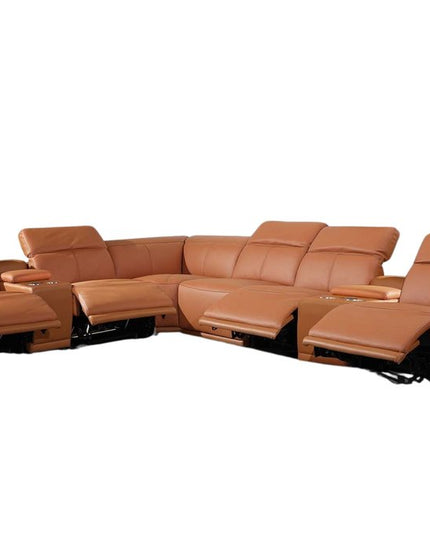 Camel Italian Leather Power Reclining U Shaped Eight Piece Corner Sectional With Console