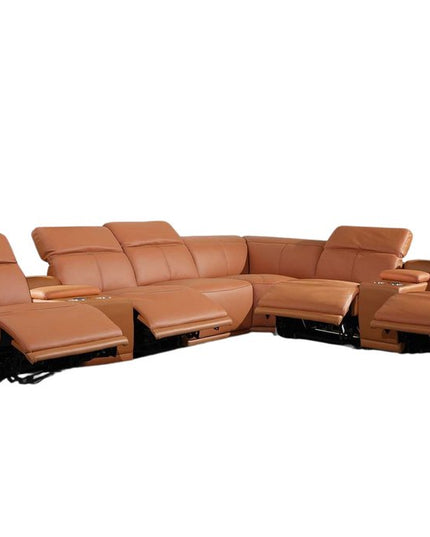 Camel Italian Leather Power Reclining U Shaped Eight Piece Corner Sectional With Console