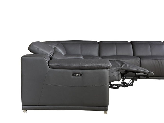 Gray Italian Leather Power Reclining U Shaped Six Piece Corner Sectional With Console
