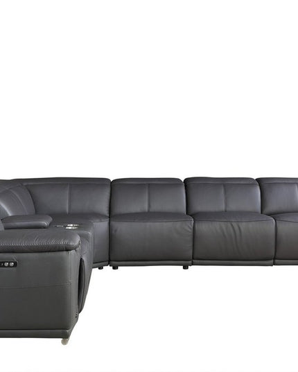 Gray Italian Leather Power Reclining U Shaped Seven Piece Corner Sectional With Console