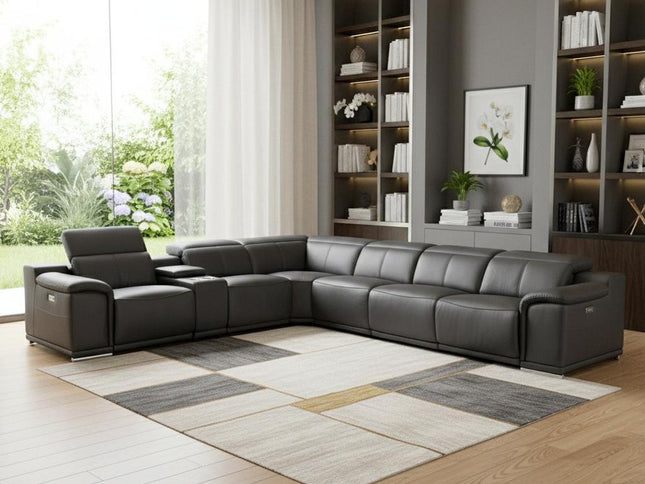 Gray Italian Leather Power Reclining U Shaped Seven Piece Corner Sectional With Console