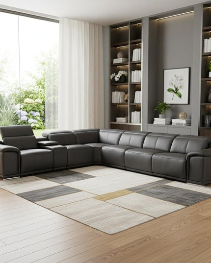 Gray Italian Leather Power Reclining U Shaped Seven Piece Corner Sectional With Console