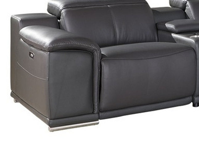 Gray Italian Leather Power Reclining U Shaped Seven Piece Corner Sectional With Console