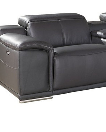 Gray Italian Leather Power Reclining U Shaped Seven Piece Corner Sectional With Console