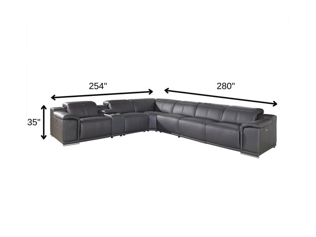 Gray Italian Leather Power Reclining U Shaped Seven Piece Corner Sectional With Console