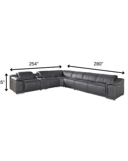 Gray Italian Leather Power Reclining U Shaped Seven Piece Corner Sectional With Console