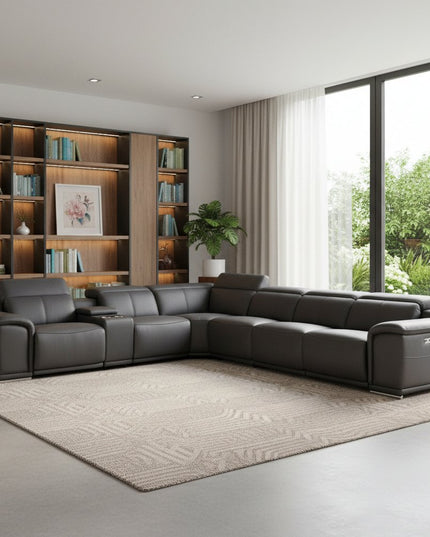 Gray Italian Leather Power Reclining U Shaped Seven Piece Corner Sectional With Console
