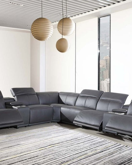 Gray Italian Leather Power Reclining U Shaped Eight Piece Corner Sectional With Console