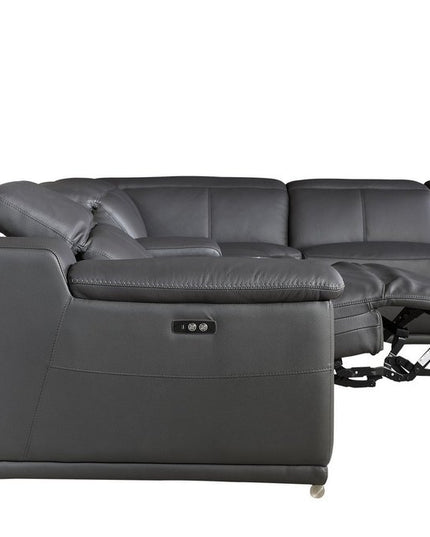 Gray Italian Leather Power Reclining U Shaped Eight Piece Corner Sectional With Console