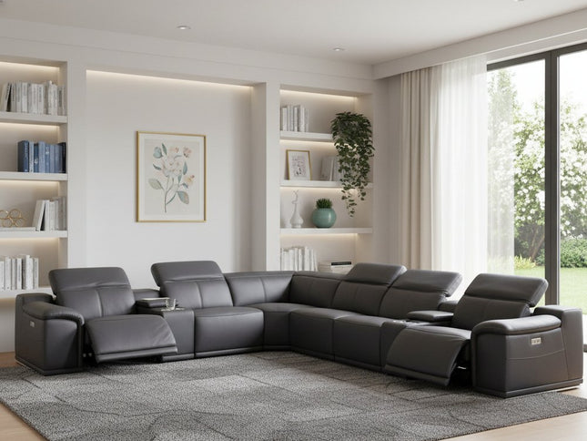 Gray Italian Leather Power Reclining U Shaped Eight Piece Corner Sectional With Console