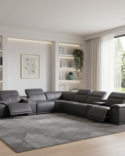 Gray Italian Leather Power Reclining U Shaped Eight Piece Corner Sectional With Console