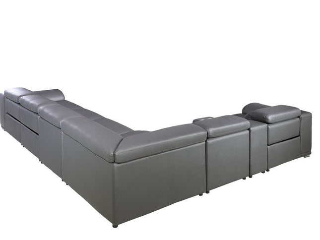 Gray Italian Leather Power Reclining U Shaped Eight Piece Corner Sectional With Console