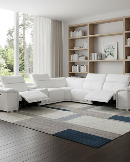 White Italian Leather Power Reclining U Shaped Six Piece Corner Sectional With Console