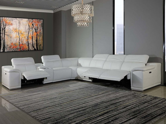 White Italian Leather Power Reclining U Shaped Seven Piece Corner Sectional With Console