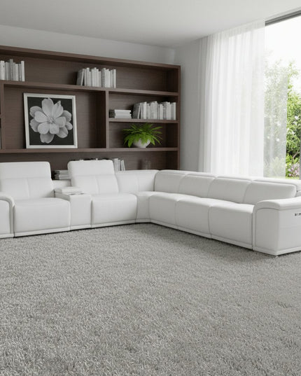 White Italian Leather Power Reclining U Shaped Seven Piece Corner Sectional With Console