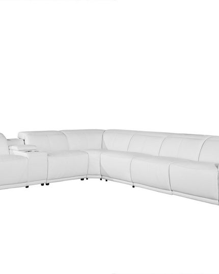 White Italian Leather Power Reclining U Shaped Seven Piece Corner Sectional With Console