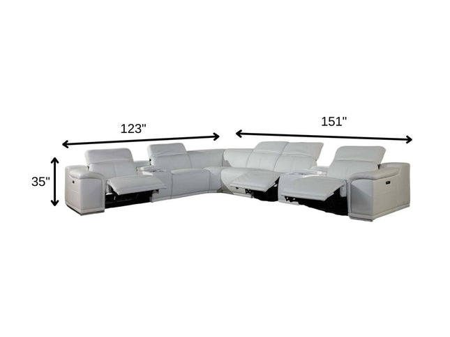 White Italian Leather Power Reclining U Shaped Eight Piece Corner Sectional With Console