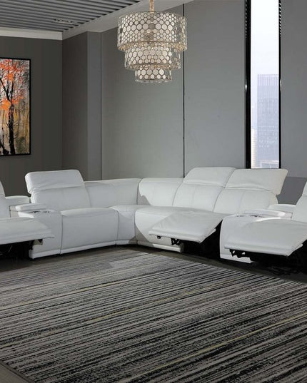 White Italian Leather Power Reclining U Shaped Eight Piece Corner Sectional With Console
