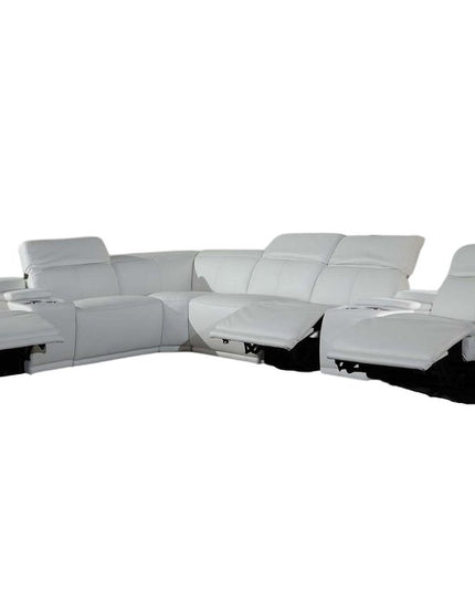 White Italian Leather Power Reclining U Shaped Eight Piece Corner Sectional With Console