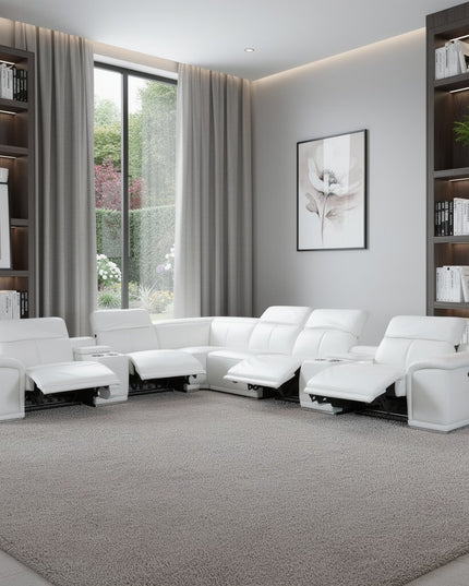 White Italian Leather Power Reclining U Shaped Eight Piece Corner Sectional With Console