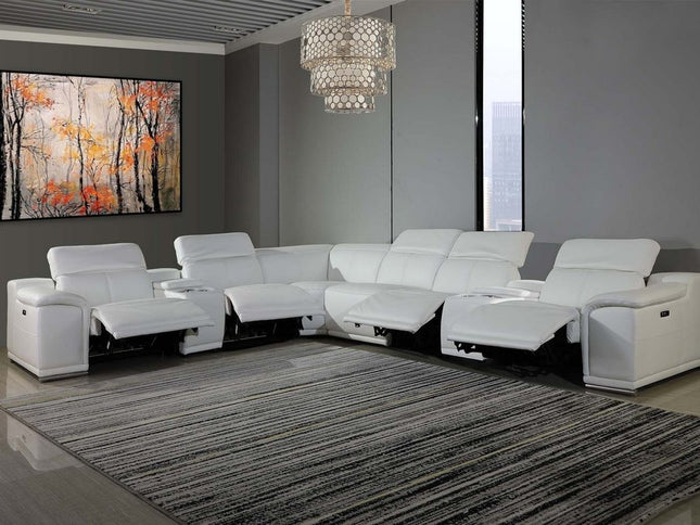 White Italian Leather Power Reclining U Shaped Eight Piece Corner Sectional With Console